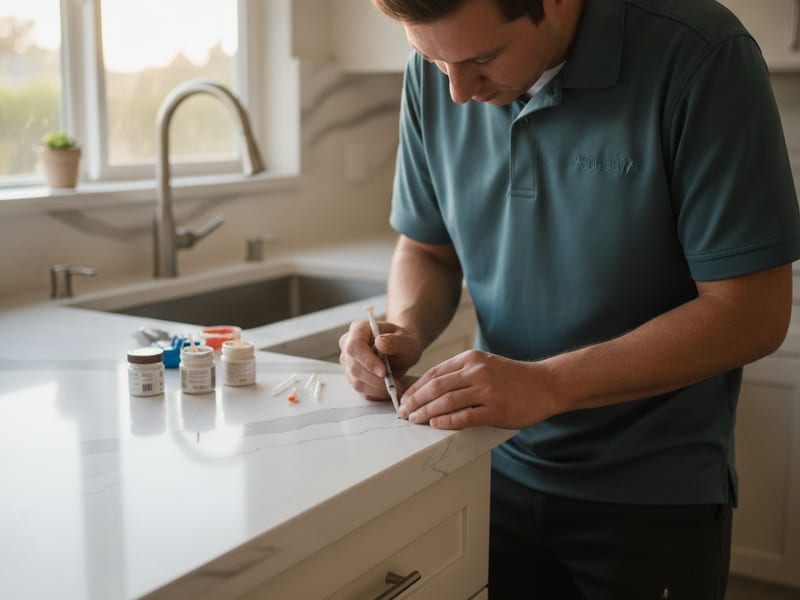 Close-up of a chip repair being applied to a quartz countertop edge in a San Diego kitchen