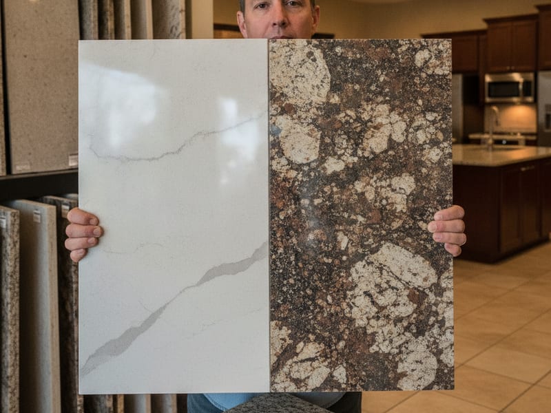 Side-by-side quartz and granite countertop samples on a table in a San Diego showroom